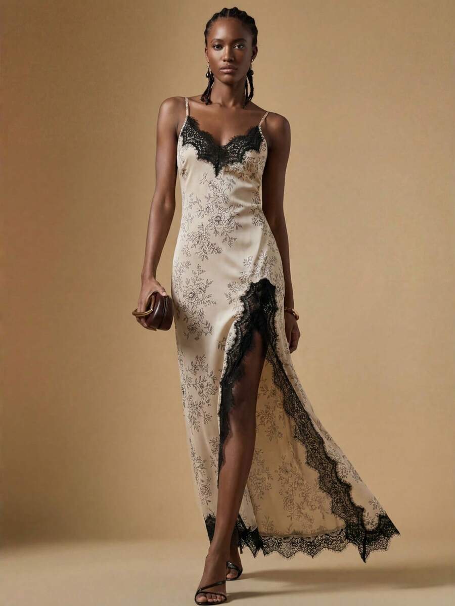 Women's black lace split satin long dress featuring spaghetti straps, asymmetrical slit hem, and matching arm sleeves.