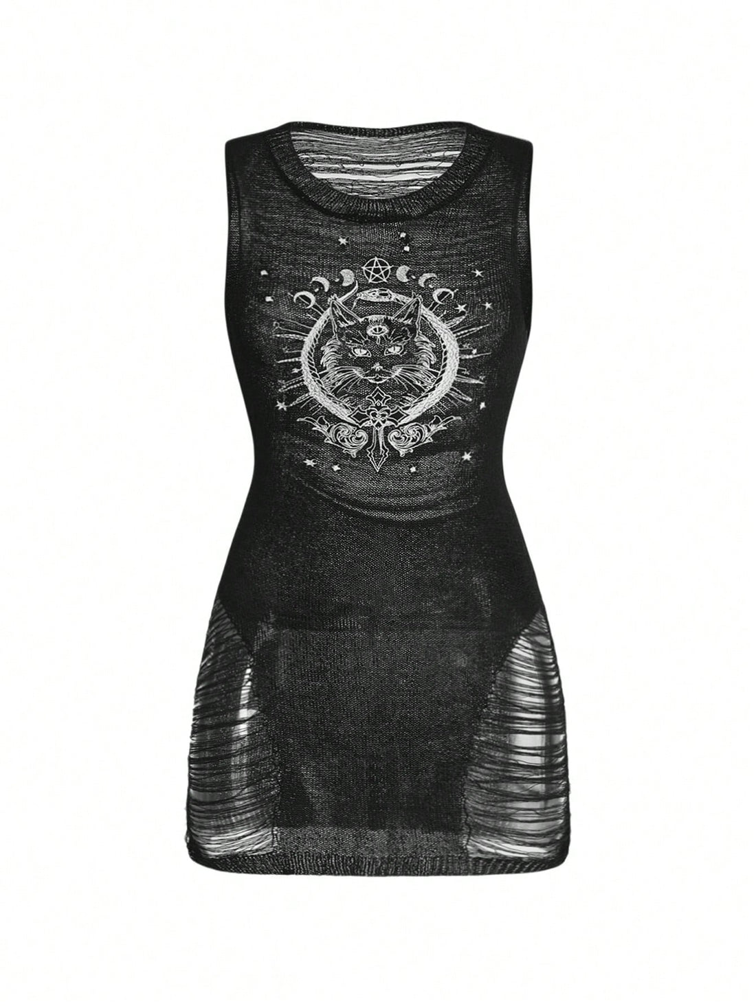 Women's black gothic sleeveless bodycon knit mini dress featuring three-eyed cat embroidery and distressed ripped details.