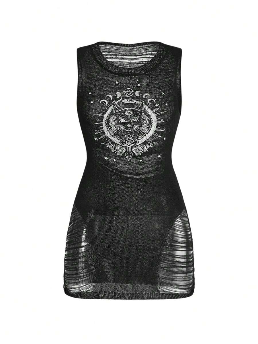 Women's black gothic sleeveless bodycon knit mini dress featuring three-eyed cat embroidery and distressed ripped details.