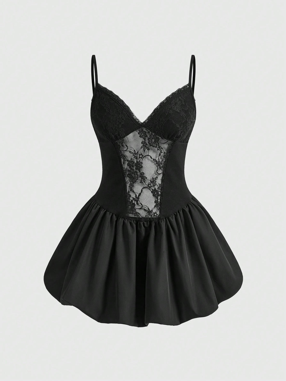 Black lace goth mini dress with spaghetti straps, contrast lace trim, high waist, and flared hem.
