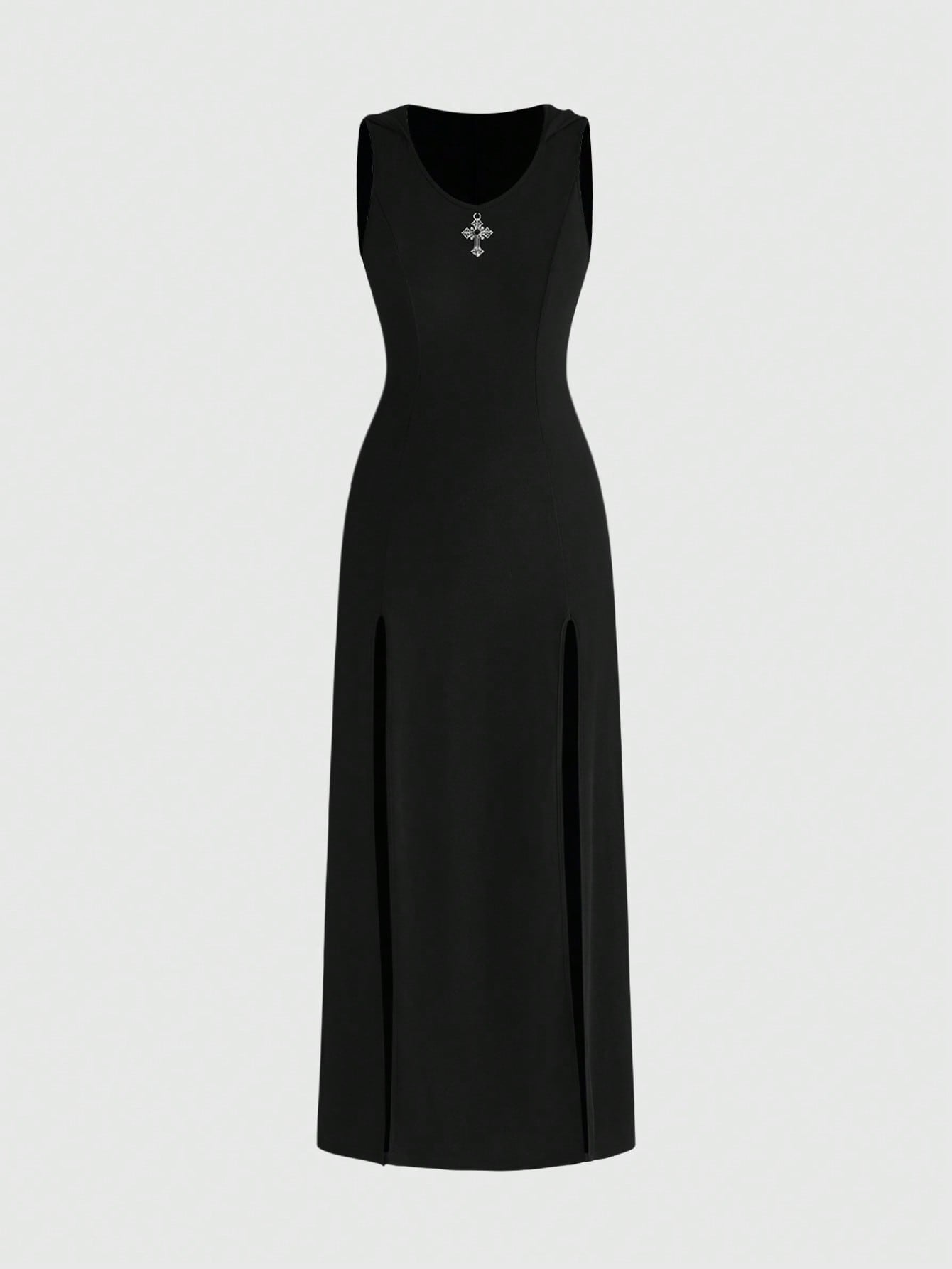 Women's black sleeveless gothic long dress featuring a collar neckline, split thigh hem, and slim fit knitted fabric.