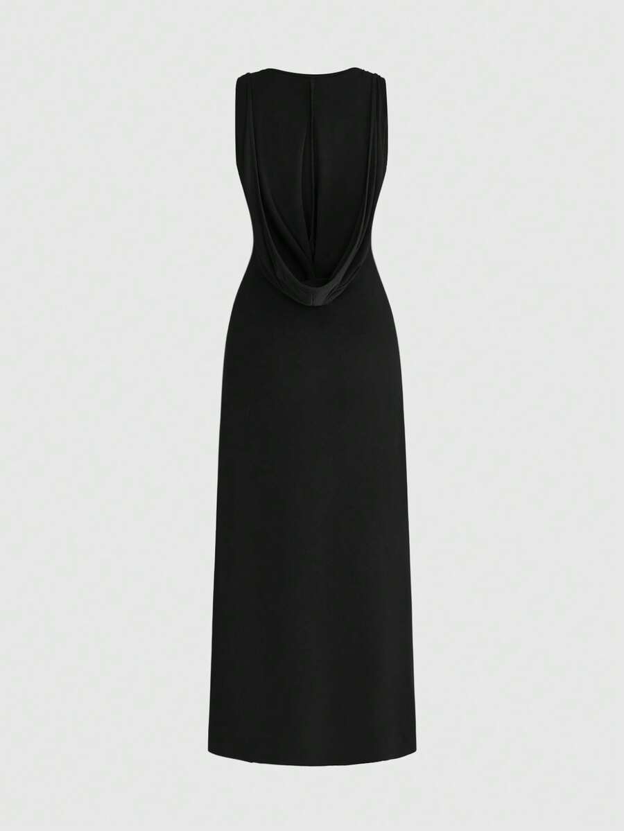Women's black sleeveless gothic long dress featuring a collar neckline, split thigh hem, and slim fit knitted fabric.