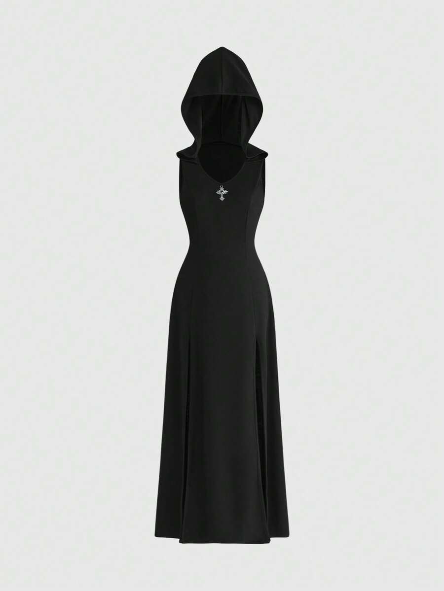 Women's black sleeveless gothic long dress featuring a collar neckline, split thigh hem, and slim fit knitted fabric.