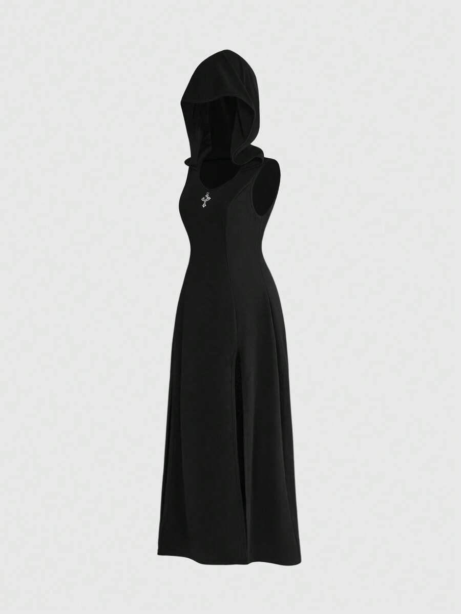 Women's black sleeveless gothic long dress featuring a collar neckline, split thigh hem, and slim fit knitted fabric.
