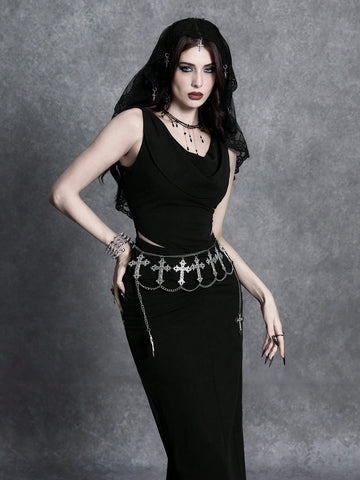 Black sleeveless midi bodycon dress featuring an asymmetrical neck, ruched draped details, and side split for women.