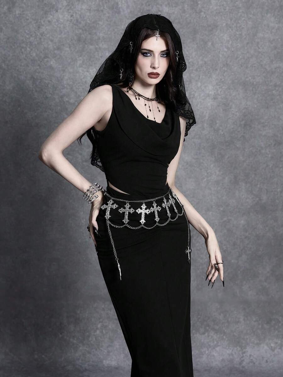 Black sleeveless midi bodycon dress featuring an asymmetrical neck, ruched draped details, and side split for women.