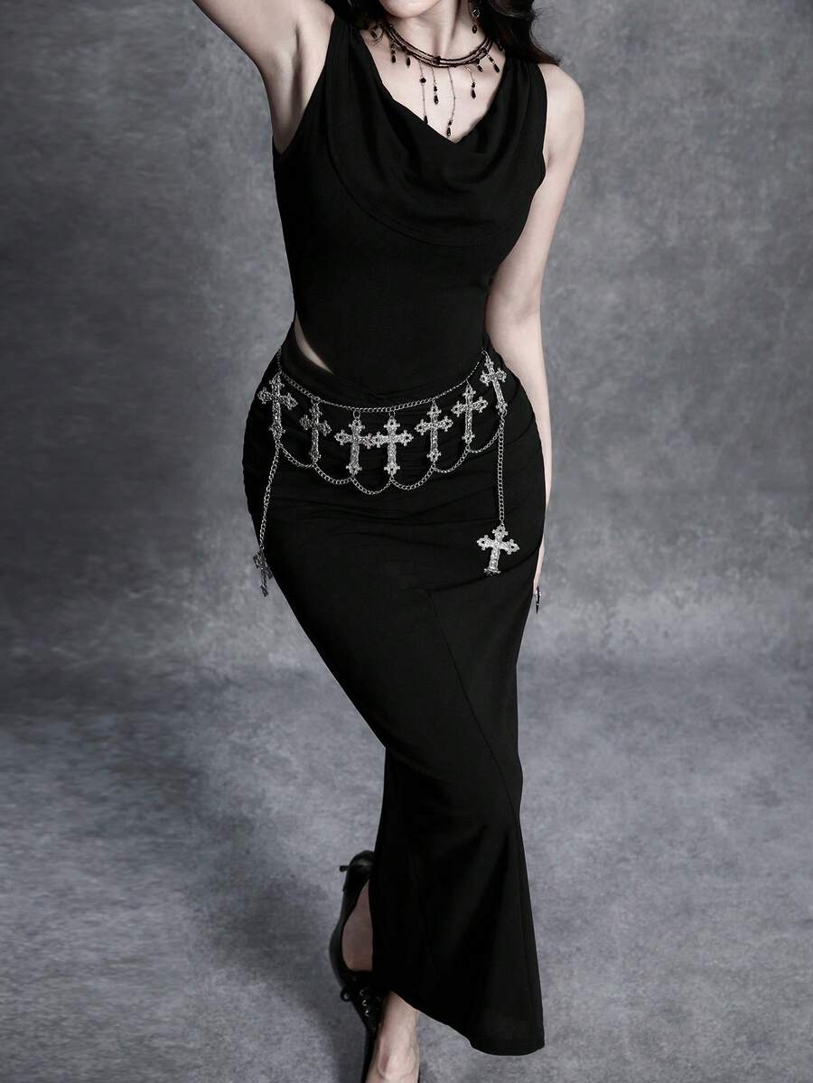 Black sleeveless midi bodycon dress featuring an asymmetrical neck, ruched draped details, and side split for women.