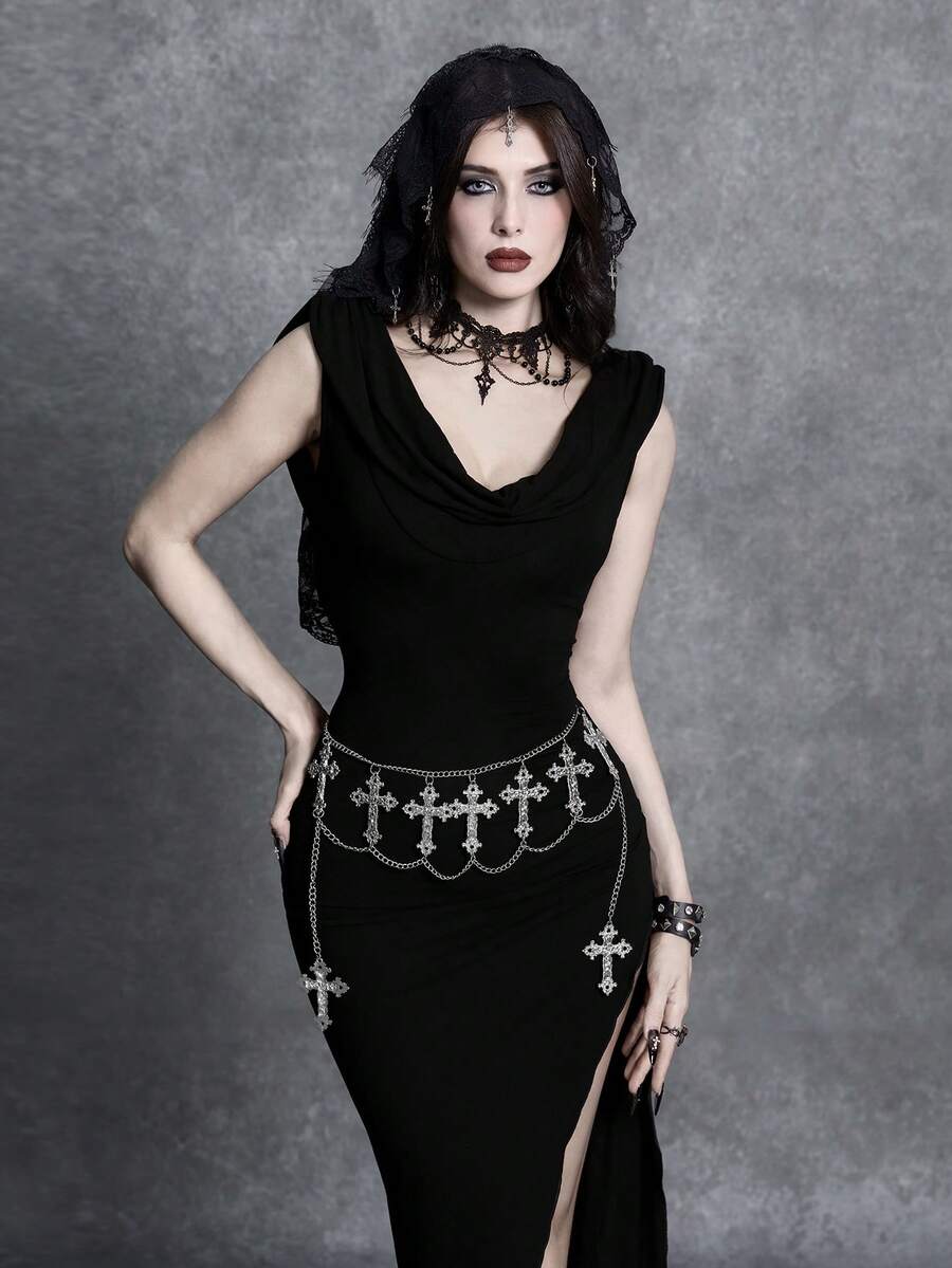 Women's sleeveless black cowl neck mermaid long dress featuring a fitted waist and elegant silhouette.