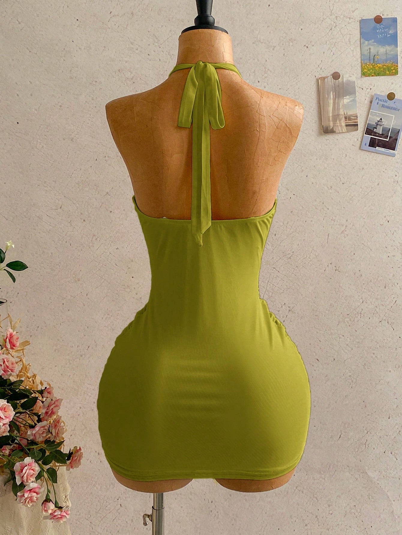 Women's Pale Yellow Halter Mini Dress,Deep V-Neck Ruched Bow Tie Summer Casual Sundress,Perfect For Holiday,Vacation,Beach,Party & Music Festival