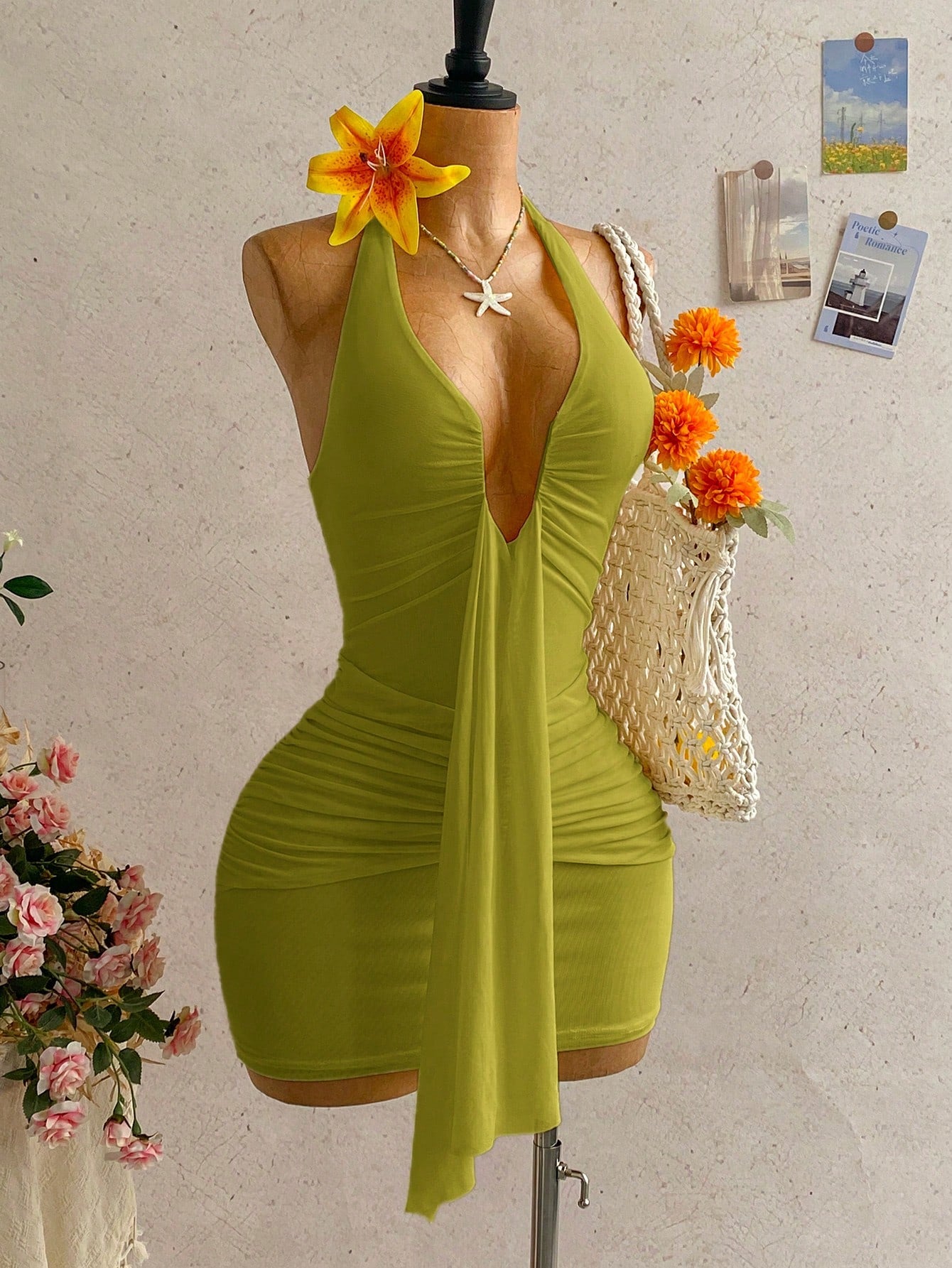 Women's Pale Yellow Halter Mini Dress,Deep V-Neck Ruched Bow Tie Summer Casual Sundress,Perfect For Holiday,Vacation,Beach,Party & Music Festival