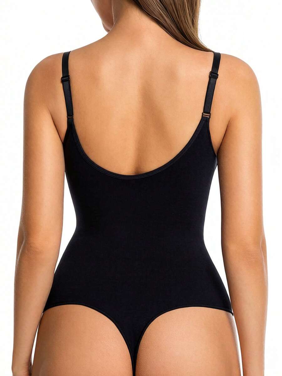 Women's V-neck camisole shapewear bodysuit featuring a front zipper closure, ruched detail, and waist shaping control.