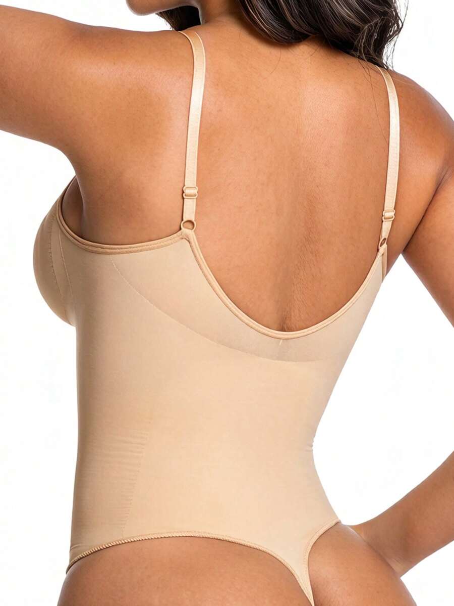 Women's V-neck camisole shapewear bodysuit featuring a front zipper closure, ruched detail, and waist shaping control.