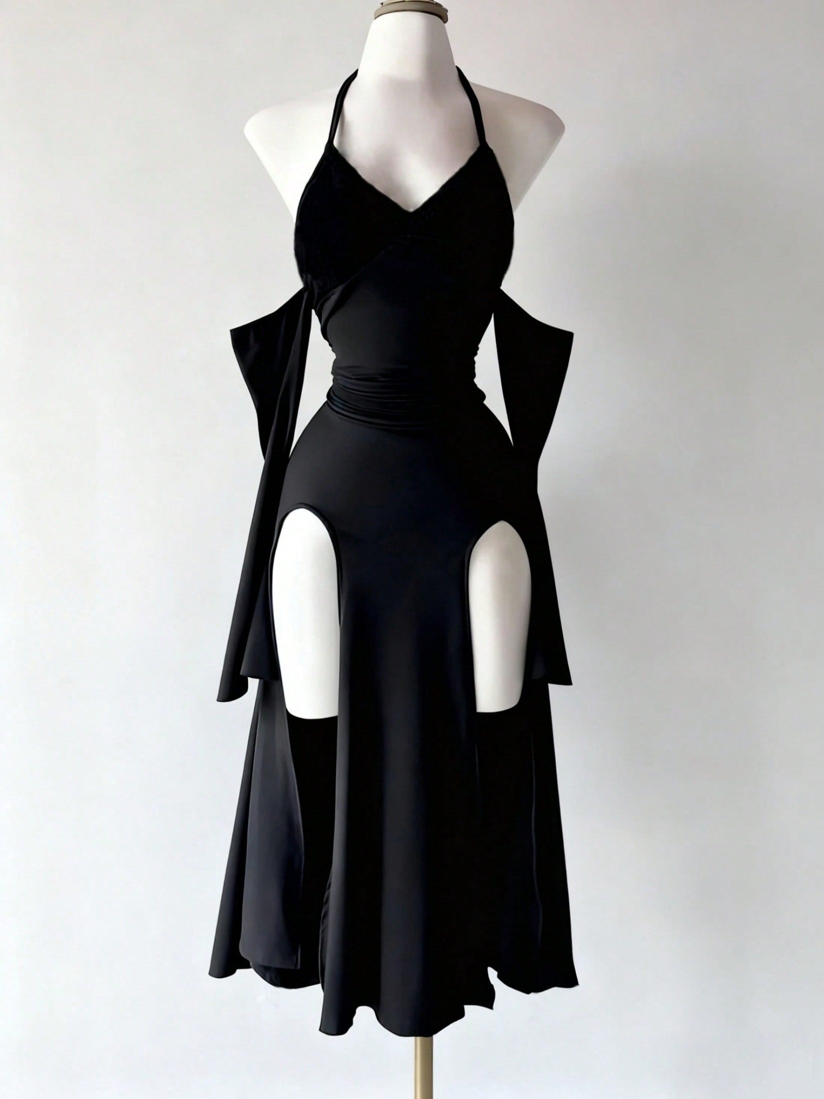Front view of a black dark goth halter off-shoulder dress featuring cutout details, a high leg slit, and detachable sleeves.