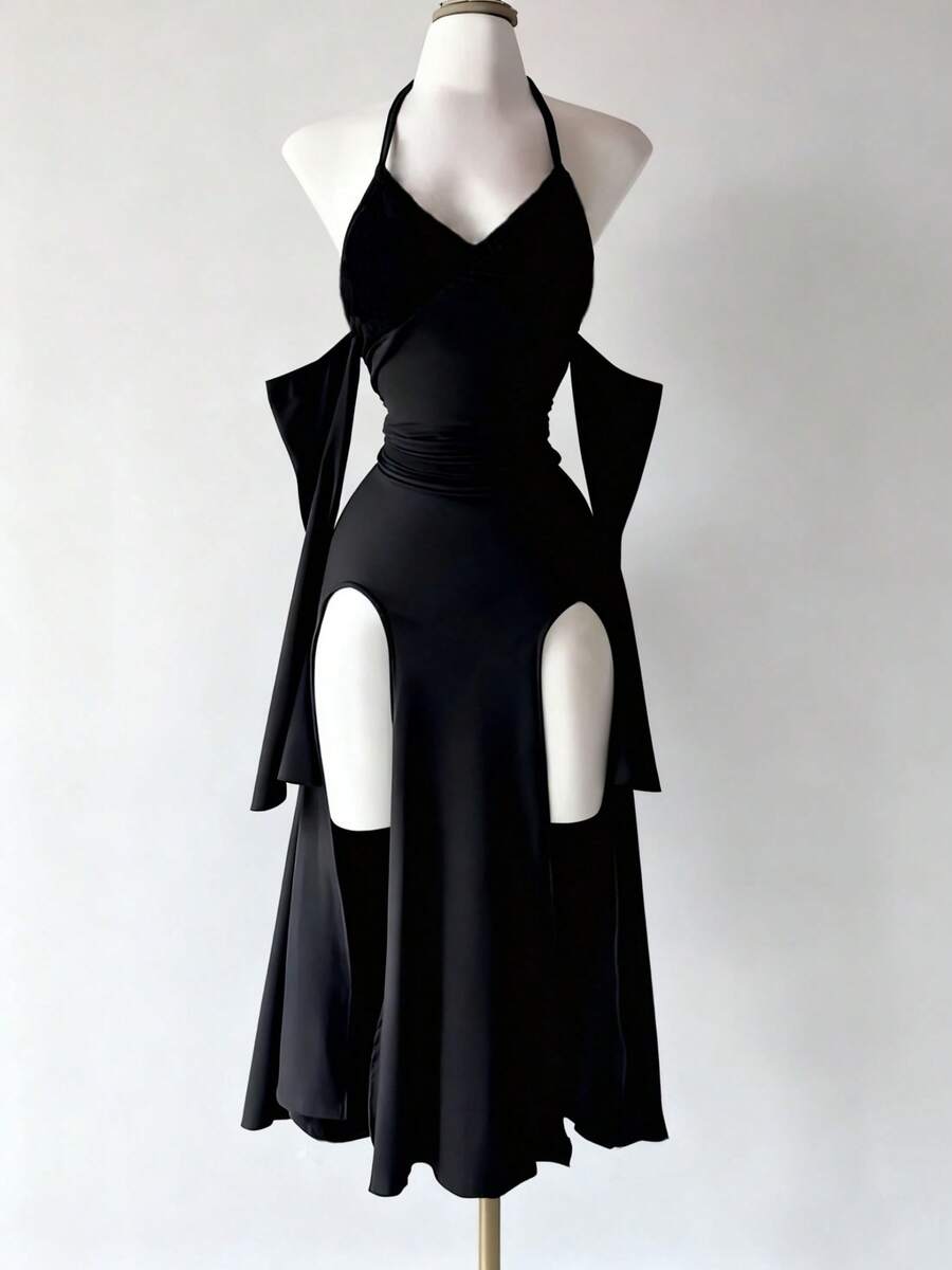 Front view of a black dark goth halter off-shoulder dress featuring cutout details, a high leg slit, and detachable sleeves.