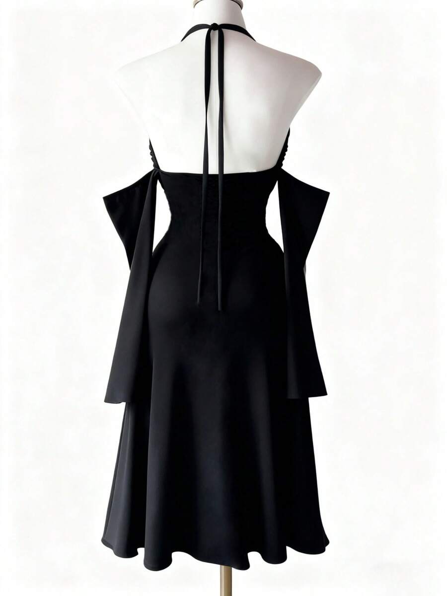 Front view of a black dark goth halter off-shoulder dress featuring cutout details, a high leg slit, and detachable sleeves.