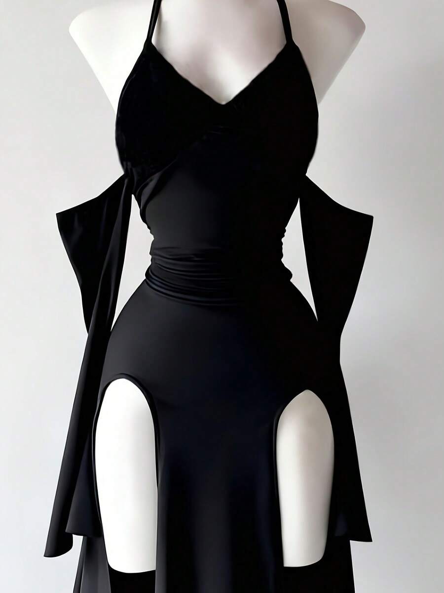Front view of a black dark goth halter off-shoulder dress featuring cutout details, a high leg slit, and detachable sleeves.