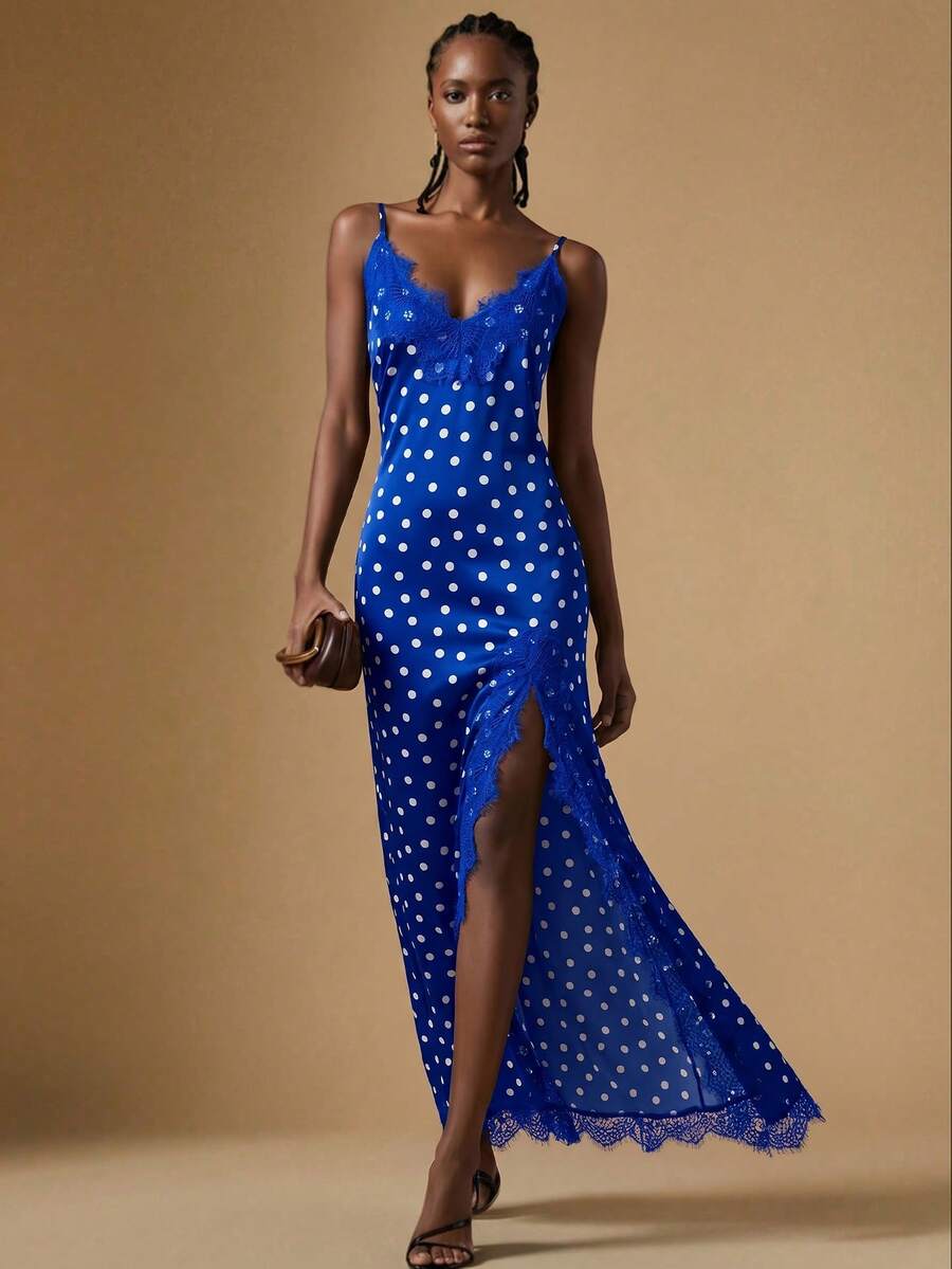 Women's black lace split satin long dress featuring spaghetti straps, asymmetrical slit hem, and matching arm sleeves.