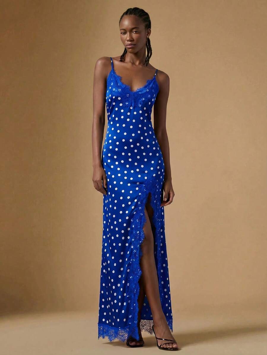Women's black lace split satin long dress featuring spaghetti straps, asymmetrical slit hem, and matching arm sleeves.