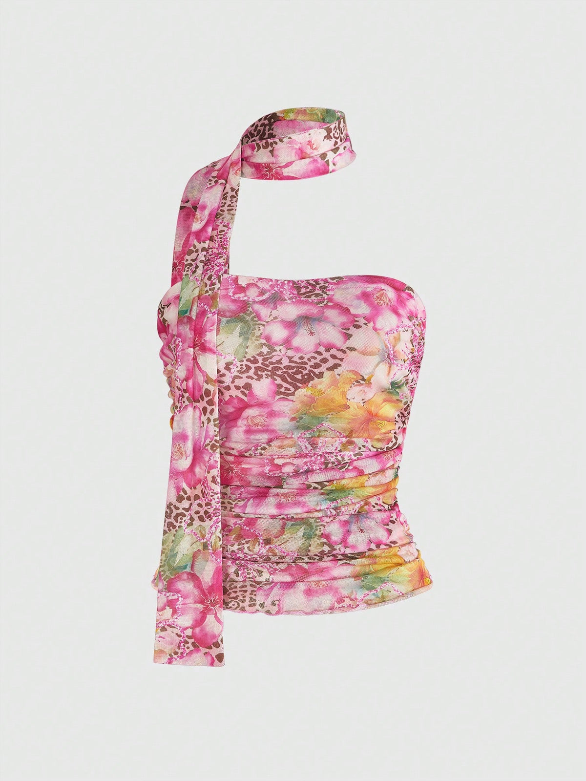 Women's black polka dot strapless tube top made of ruched mesh fabric featuring an asymmetrical hem and matching scarf.