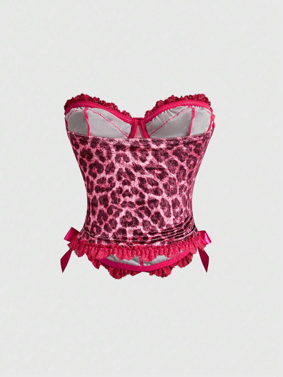Brown leopard print strapless tube top for women featuring lace patchwork trim, front lace-up grommets, and a slim micro crop fit.