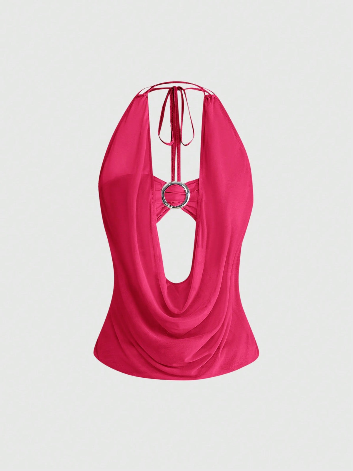 Women's cowl neck halter crop tank top featuring a draped backless design and matching bandeau inner layer.