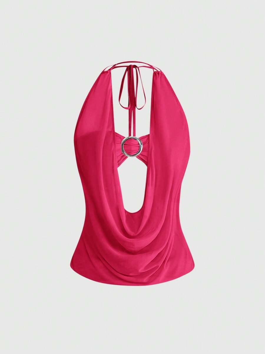Women's cowl neck halter crop tank top featuring a draped backless design and matching bandeau inner layer.