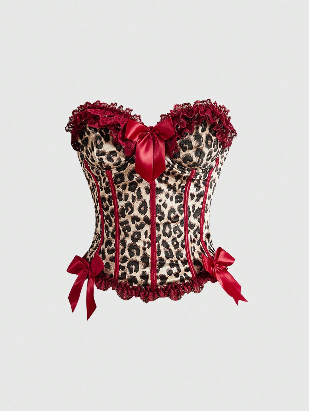 Brown leopard print strapless tube top for women featuring lace patchwork trim, front lace-up grommets, and a slim micro crop fit.