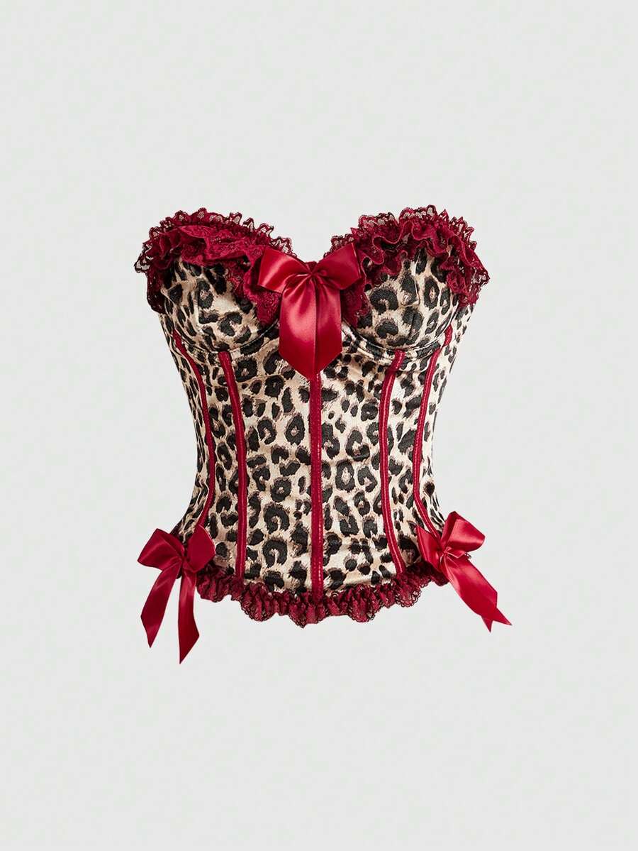 Brown leopard print strapless tube top for women featuring lace patchwork trim, front lace-up grommets, and a slim micro crop fit.