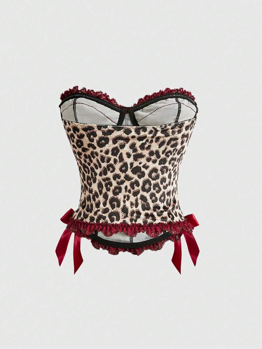 Brown leopard print strapless tube top for women featuring lace patchwork trim, front lace-up grommets, and a slim micro crop fit.