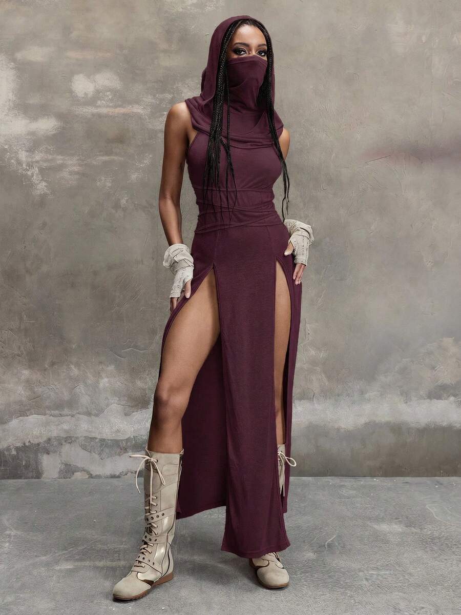 Women wearing a Y2K vintage apocalyptic style hooded long dress featuring short sleeves, backless detail, high thigh slit, and slim fit knitted fabric.