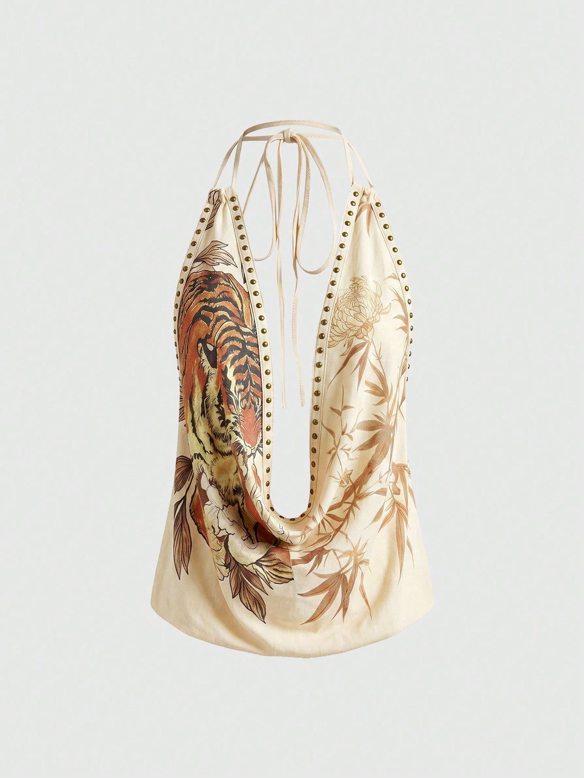 Front view of women's black halter tank top featuring graphic print, rhinestone embellishments, and a backless tie-back design.