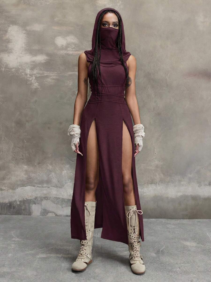 Women wearing a Y2K vintage apocalyptic style hooded long dress featuring short sleeves, backless detail, high thigh slit, and slim fit knitted fabric.