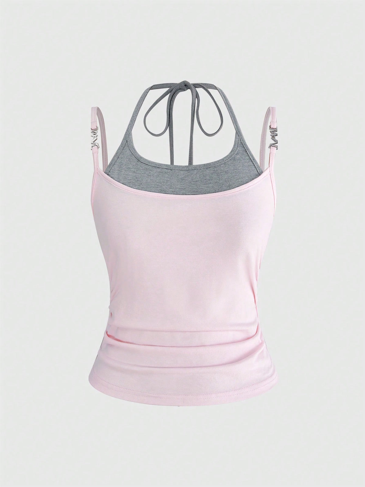 Black halter crop tank top featuring lace-up front details, ruched texture, eye appliques, and matching detached arm sleeves.
