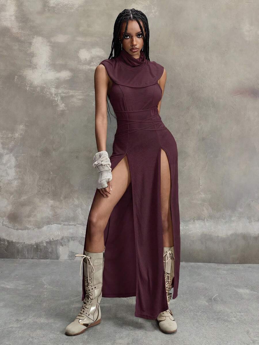 Women wearing a Y2K vintage apocalyptic style hooded long dress featuring short sleeves, backless detail, high thigh slit, and slim fit knitted fabric.