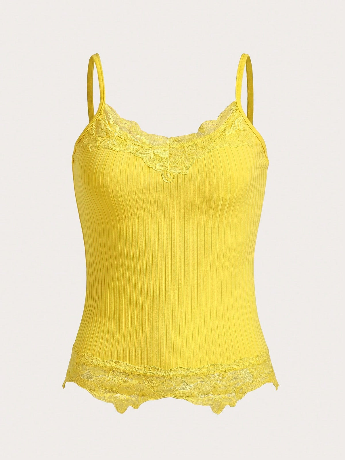 Women's black rib-knit cami top featuring delicate contrast lace trim and thin spaghetti straps.