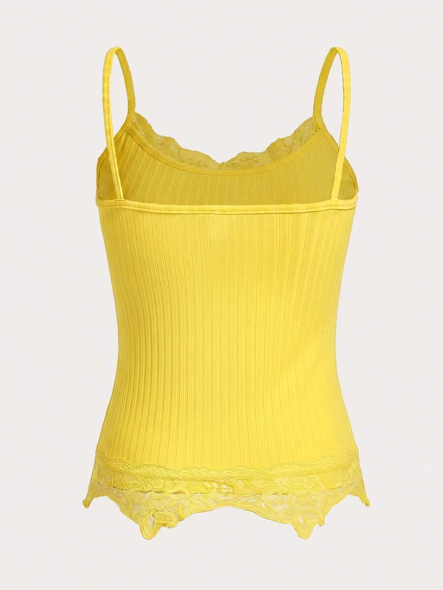 Women's black rib-knit cami top featuring delicate contrast lace trim and thin spaghetti straps.