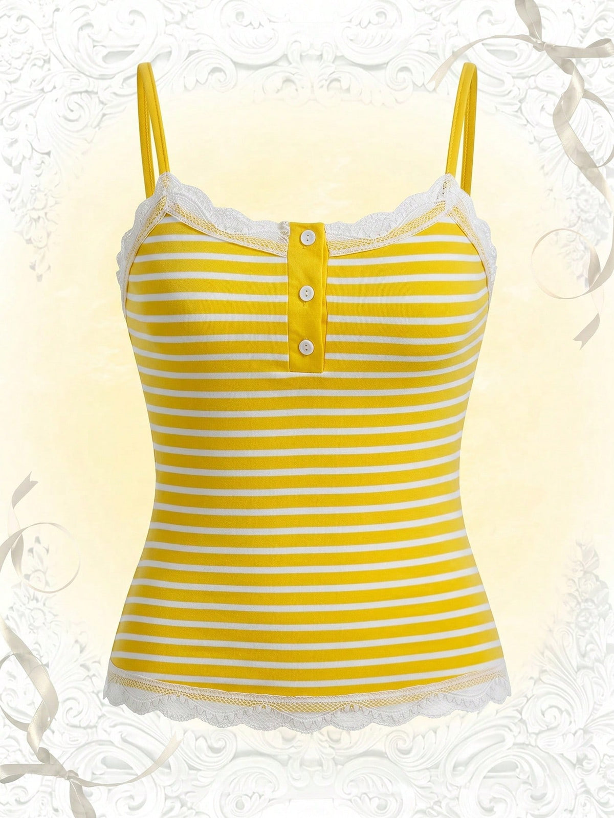 Women's striped contrast lace cami top in rib-knit fabric with spaghetti straps and decorative button detail.