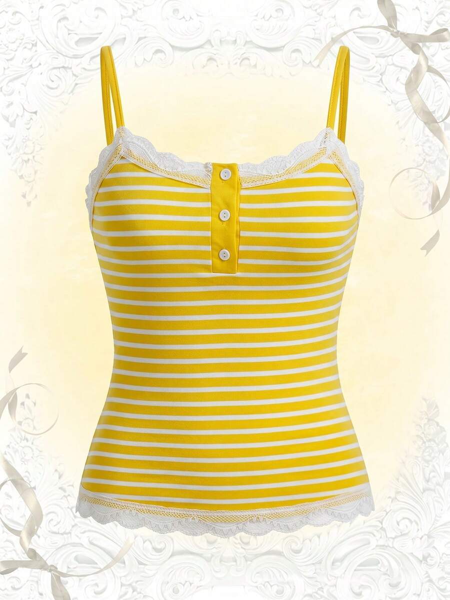 Women's striped contrast lace cami top in rib-knit fabric with spaghetti straps and decorative button detail.