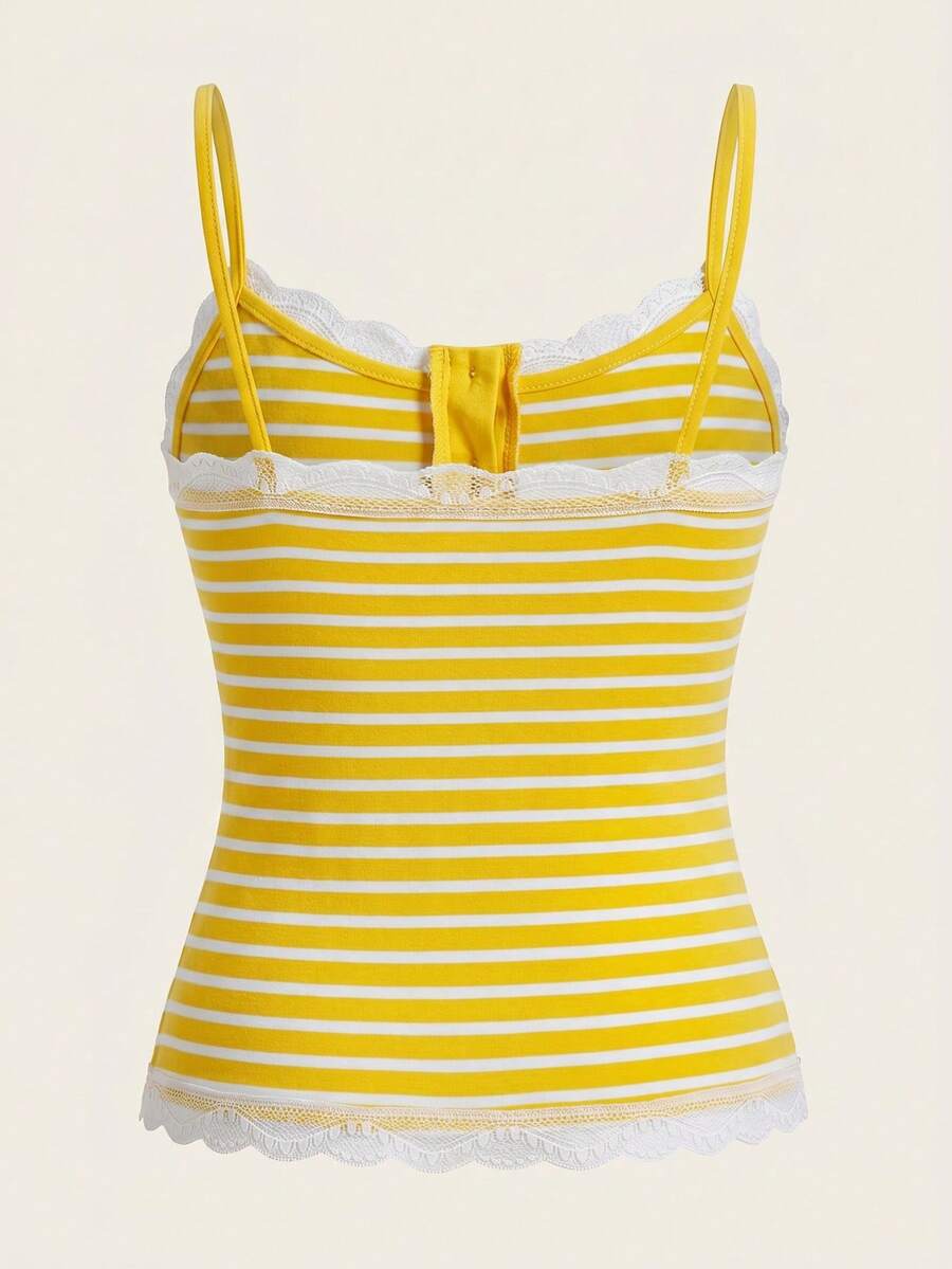 Women's striped contrast lace cami top in rib-knit fabric with spaghetti straps and decorative button detail.
