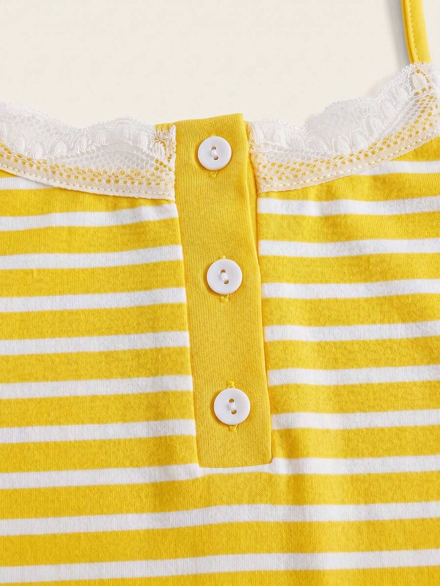 Women's striped contrast lace cami top in rib-knit fabric with spaghetti straps and decorative button detail.