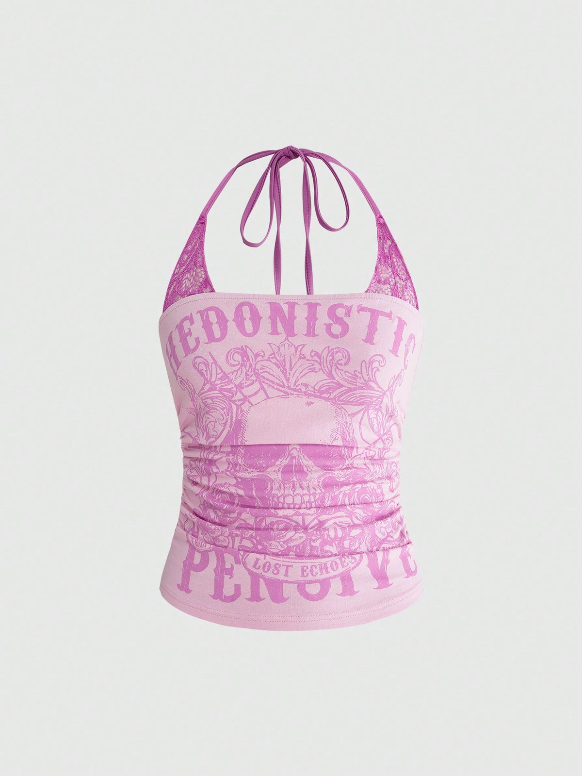 Women's distressed skull print halter crop top featuring 2-in-1 lace splicing design and a backless knot tie.