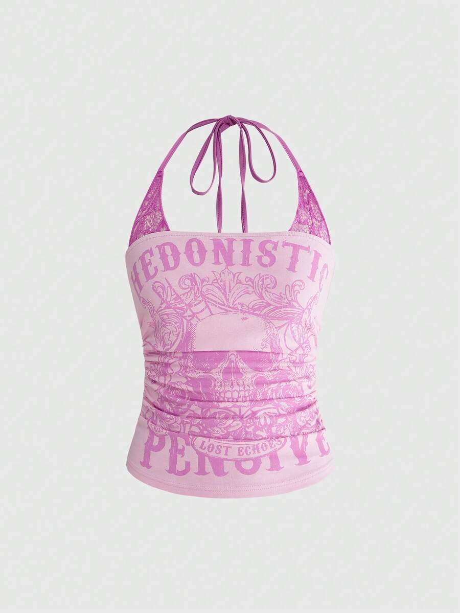 Women's distressed skull print halter crop top featuring 2-in-1 lace splicing design and a backless knot tie.