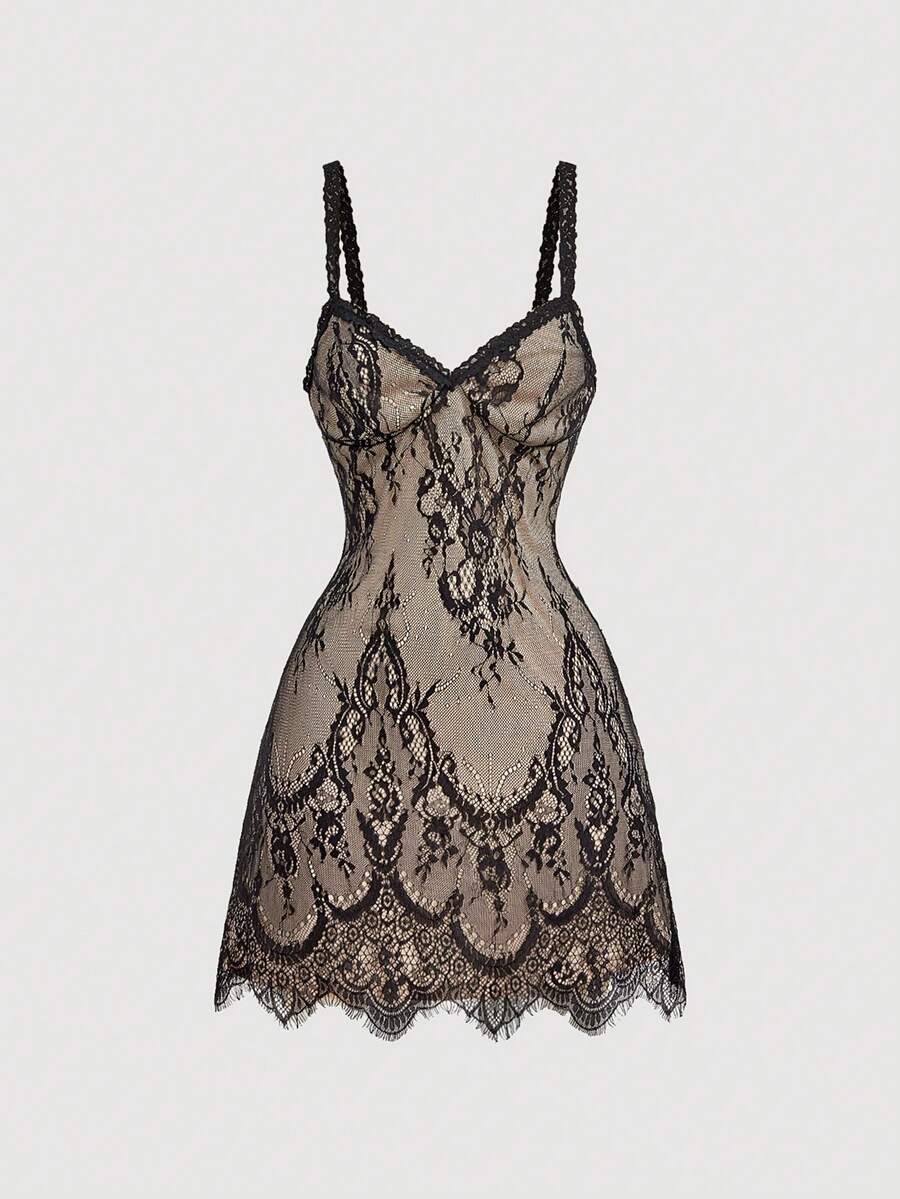 Skyraze women's lace waist-cinching cami dress featuring spaghetti straps, a high waist, and slim fit design.