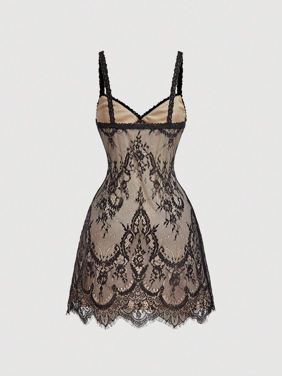Skyraze women's lace waist-cinching cami dress featuring spaghetti straps, a high waist, and slim fit design.