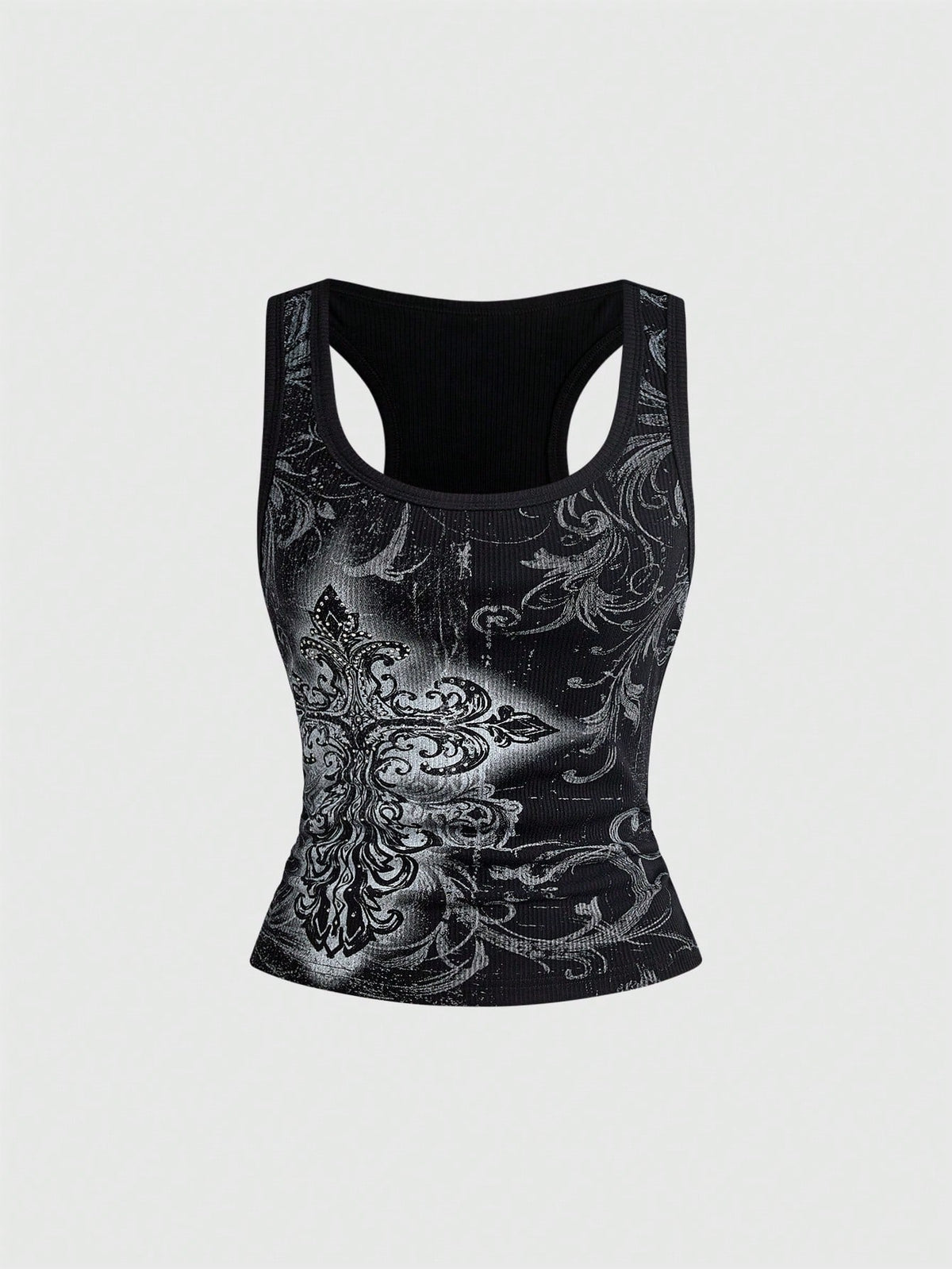 Women's black vine cross print tank top featuring a scoop neck and slim fit silhouette.