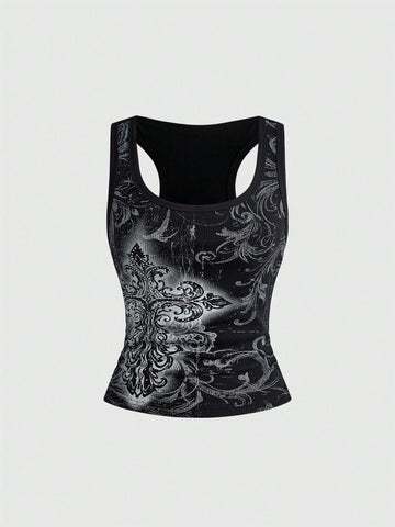 Women's black vine cross print tank top featuring a scoop neck and slim fit silhouette.