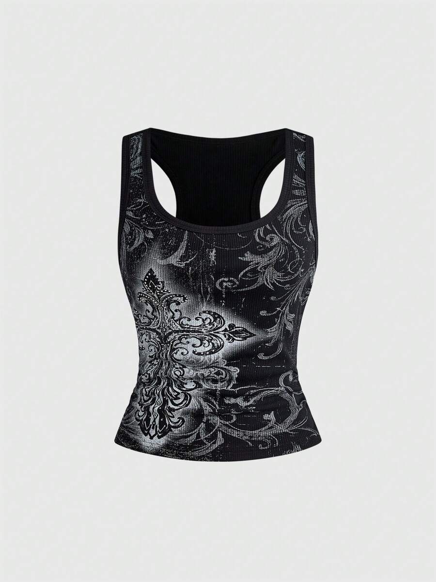 Women's black vine cross print tank top featuring a scoop neck and slim fit silhouette.