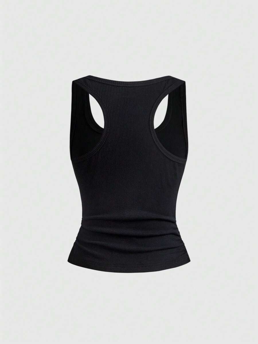 Women's black vine cross print tank top featuring a scoop neck and slim fit silhouette.