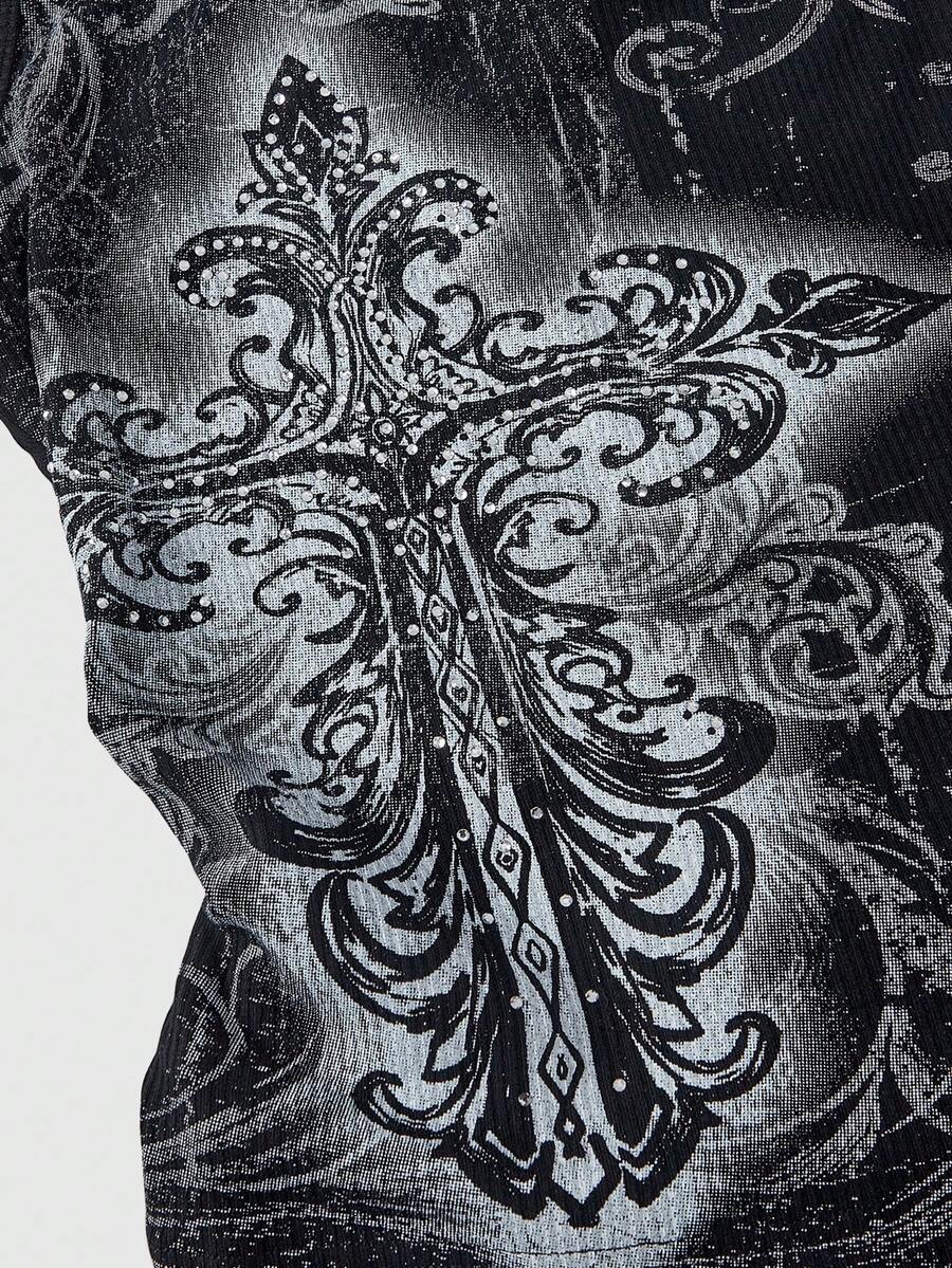 Women's black vine cross print tank top featuring a scoop neck and slim fit silhouette.