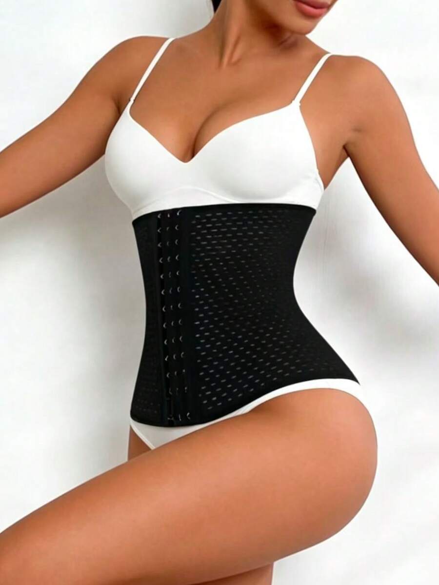 Black breathable women's waist shaping corset belt featuring 3 rows of hook closure and medium stretch knitted fabric.